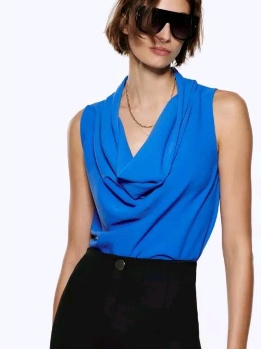 ZARA Blue Sleeveless Cowl Neck Blouse